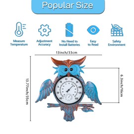 HOBYLUBY Owl Outdoor Thermometer, 13'' Outdoor Wall-Mounted Thermometer Hygrometer No Need Battery, Decorative Outside Thermometer for Patio, Backyard, Garden, Living Room