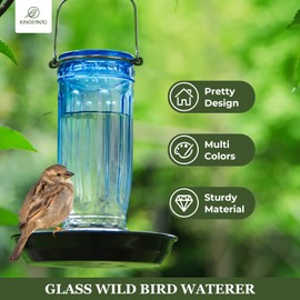 Kingsyard Glass Bird Water Dispenser for Outdoor, 16 Oz, Bird Water Feeder with Metal Hanging for Garden Yard Fence Decoration Hummingbird Cardinal Bluebird Finch, Blue