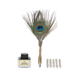 Joyzan Peacock Feather Pen, Vintage Ballpoint Quill Ink Set Writing Calligraphy Metal Antique Office Supplies 5 Replacement Nibs Empty Bottle Birthday Wedding Signature Christmas Gift Party Letter