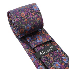 Alizeal Mens Floral Necktie with Pocket Square for Wedding Party Tie and Handkerchief Set, Dark Purple+Orange