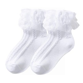WBZOTSS 1 Pack Little Girls Cotton Lace Socks,Lace Ruffle Frilly Comfortable Princess Style Dress Socks (US, Age, 8 Years, 10 Years, White)