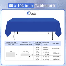 6 Pack Royal Blue Tablecloths for 6ft Rectangle Tables 60 x 102 Inch - Polyester Table Cover Stain and Wrinkle Resistant Washable Fabric Table Clothes for Wedding Party Banquet Reception Restaurant