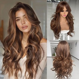 Honey Blonde Long Wavy Layered Synthetic Wig with Bangs for Women