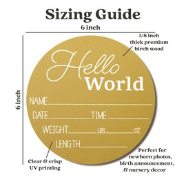 Hickory Hollow Designs - Baby Announcement Sign for Newborn Boys and Girls (Color Bases) - Hello World Nursery Decor Sign & Photo Prop for Babies Made of Birch Wood - 6" Circle Board (Mustard Yellow)