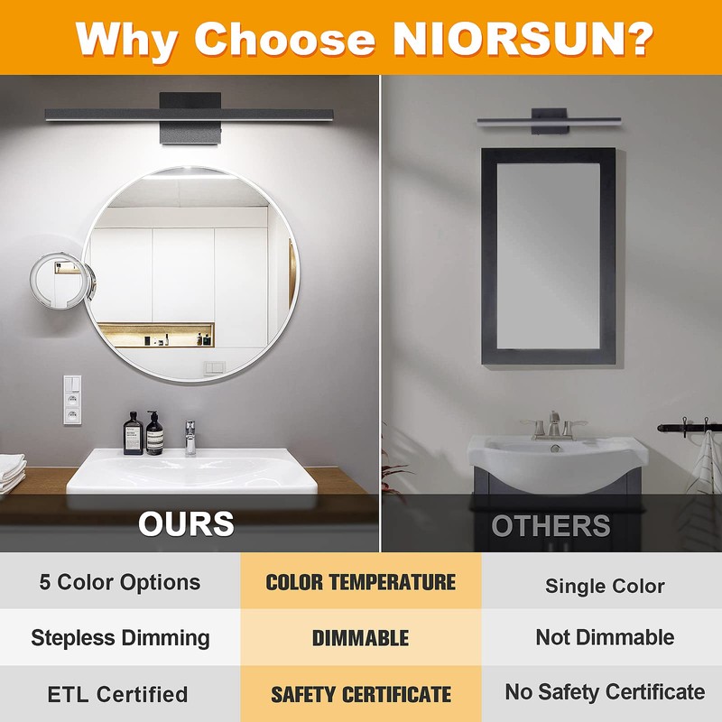 NIORSUN 31.5 inch Black Bathroom Vanity Light,18W 5CCT Dimmable LED