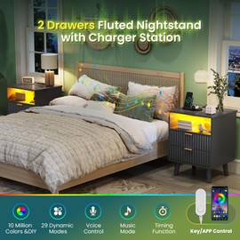 AOGLLATI Fluted Nightstand Set of 2 with Charging Station, Black LED Nightstand with 2 Drawers and Open Storage Cubby, Modern Bedside Table with LED Lights & Metal Handle for Bedroom