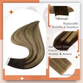 Full Shine Human Hair Tape in Extensions Color 2 Darkest Brown Ombre 8 Ash Brown Highlight with 27 Blonde Double Sided Tape in Hair Extensions 22Inch Long Seamless Skin Weft 50G 20Pcs