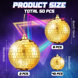 50 Pcs Disco Balls Reflective Disco Ball Decorations Hanging Disco Ball Ornament Different Sizes Mirror Ball for Home Decor, Party, Club (Gold)