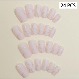 White Glitter Lines Press on Nails Medium Square with Silver Glitter Swirls French Tip Designs Glossy Full Cover Reusable Acrylic Fake Nails for Women Girls Finger Manicure Decorations 24Pcs