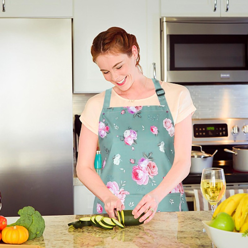 CYNOSURETECH 2 Floral Pattern Aprons And 2 Hooks, Waterproof Apron,