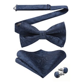 HISDERN Bow Ties for Men Navy Bow Tie Pretied Bowtie Set Navy Blue Paisley Tuxedo Classic Formal Bowties and Pocket Square Cufflinks for Party