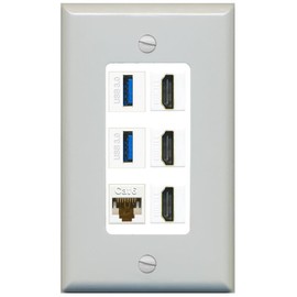 RiteAV 3 Port HDMI 2 Port USB 3.0 1 CAT6-RJ45 Wall Plate - 1 Gang Decorative [Gray/White]