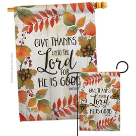 Give Thanks Unto the Lord Garden House Flags Set Falltime Thanksgiving Turkey Gobble Pumpkin Season Autumntime Cornucopia Small Decorative Gift Yard Banner Double-Sided Made In USA 28 X 40