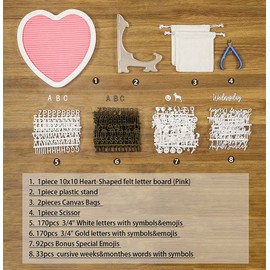 G GAMIT Heart-Shaped Felt Letter Board Message Sign,10x10 inches Message Board with 465 Changeable White&Golden Letters,Numbers,Cursive Words and Stand for Party,Pregnancy,Wall&Tabletop Decor (Pink)