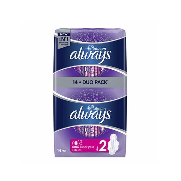 Always Platinum Ultra Super Plus Size 2, 2 x 7 Items 1 + 1 FREE Pads with Wings