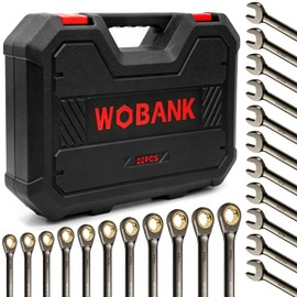 WOBANK 22-Piece Ratcheting Wrench Set, Ratchet Combination Wrenches Set with Organizer Box, Metric 8-19mm and SAE 1/4" to 3/4" Size, 12 Points 72-Teeth, Nickel Plating