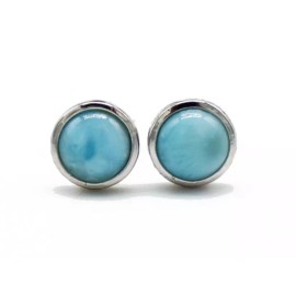Handmade 925 Sterling Silver Natural Larimar Post/Stud Earrings - Round