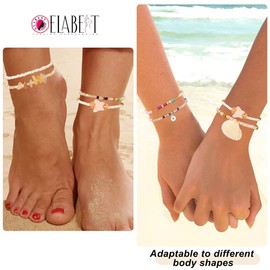 ELABEST African Beads Anklet 8pcs Boho Beaded Ankle Bracelet Elastic Bead Foot Chain Jewelry for Women, 21cm, Plastic, no gemstone