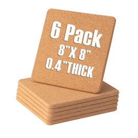 Square Cork Trivets Set 6 Pack 8" x 8" x 0.4"Thick Square Cork Trivets for Hot Dishes, Heat-Resistant Cork Hot Pads for Countertop, Table, and Kitchen, Perfect for Hot Pots and Pans
