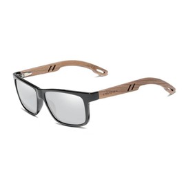 KINGSEVEN Polarised Sunglasses Men's Wooden Fashionable Retro Sunglasses Made of Black Walnut Wood with Arms HD Lenses with UV Protection, black silver