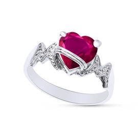 AFFY Heart Shape Simulated Ruby In 14K White Gold Over 925 Sterling Silver Ring Size 6