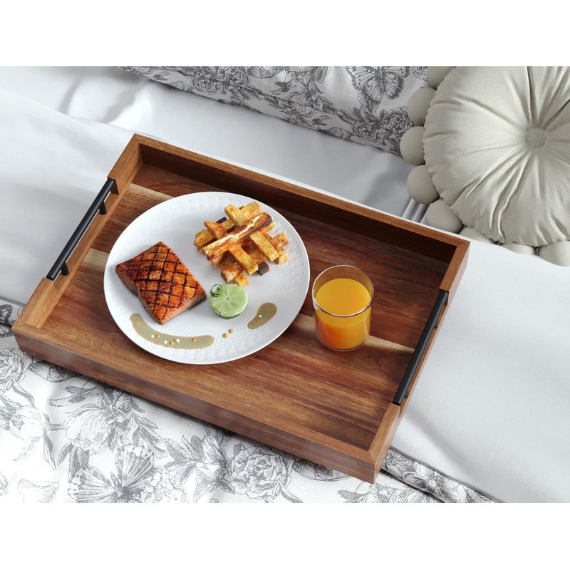 Fibogollo Acacia Wood Set of 2 Serving Tray with Metal