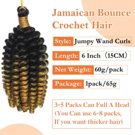 S-noilite Jamaican Bounce Crochet Hair 6 inch,Jumpy Wand Curls Short Pre Looped Curly Crochet Braids Hair-Extension Synthetic for Black Women,3 pack 180g,Black to Golden