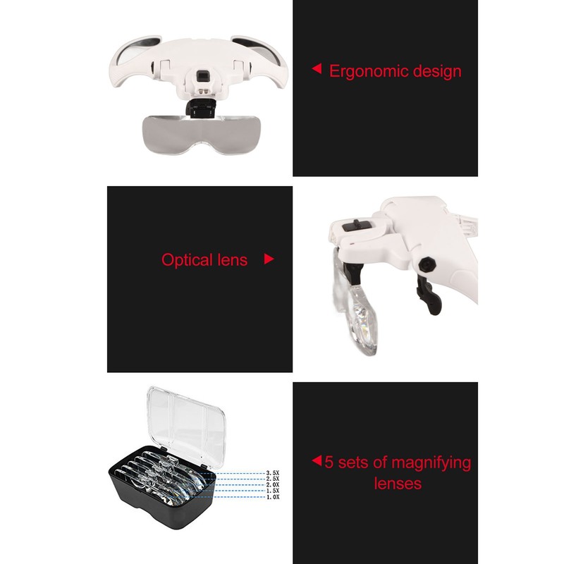 Head Mounted Magnifying Glass 2pcs LED Light Adjustable Rechargeable Headband