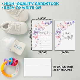 Butterfly Baby Shower Invitations, Butterfly Kisses & Baby Wishes Gender Neutral Invitation, Double-Sided Boho Fill In Invites, Gender Reveal Party Decorations, 25 Cards With 25 Envelopes(A01)