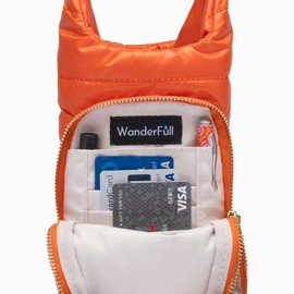 WanderFull Original Crossbody HydroBag | Quilted Water Bottle Carrier | Puffer Tote Tumbler Holder with Pockets for Purse, Phone & Accessories | Carry Travel Essentials (Orange/Patterned Strap)