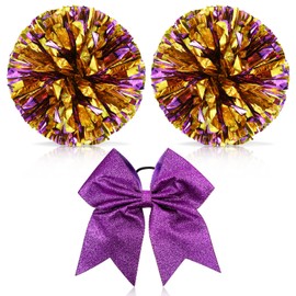 Hanaive 3 Pcs Cheerleading Pom Poms and Large Cheerleader Hair Bow Metallic Cheer Supplies for Team Spirit Sports Dance Cheering(Purple Gold,Glitter)