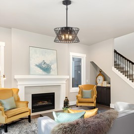 Febeleven 3-Lights Black Pendant Light Vintage Geometric Chandelier Light Fixture Adjustable Metal Lighting Fixtures for Kitchen Room Dining Room Foyer