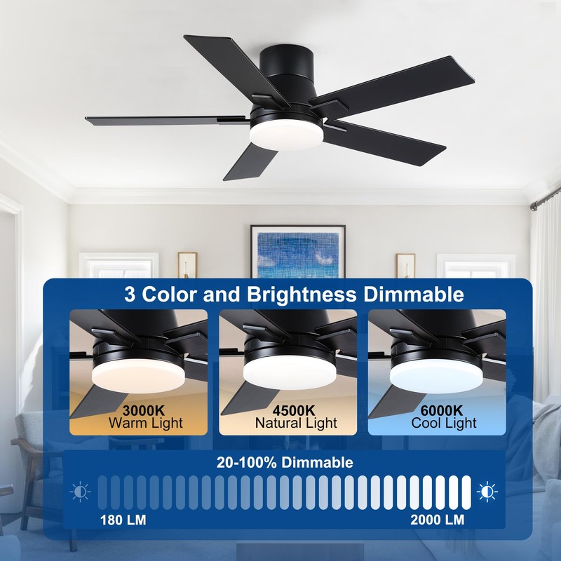 42 Inch Ceiling Fans with Lights and Remote,Flush Mount Black