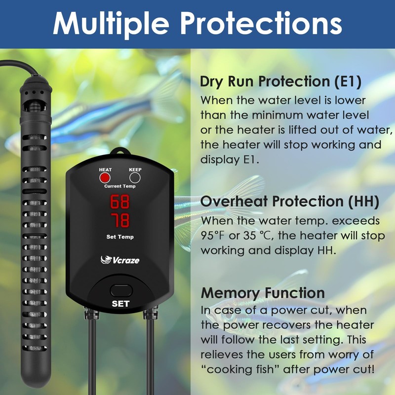 VCRAZE Aquarium Heater 500W Fish Tank Heater with External Thermostat