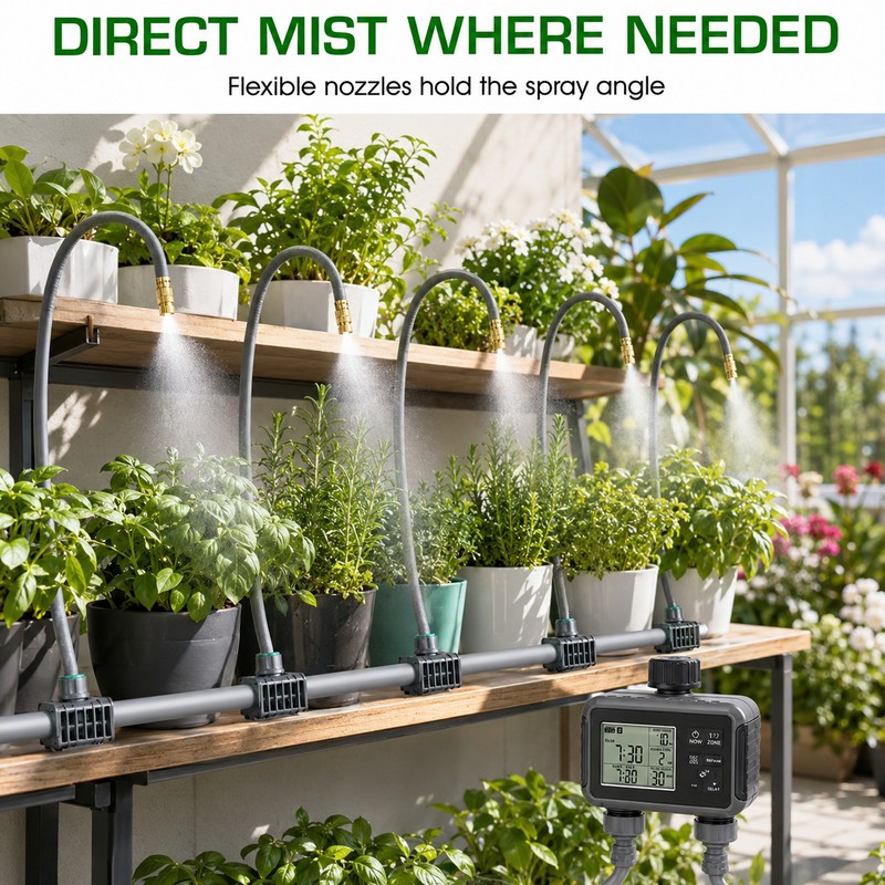 Dual-Zone Programmable Garden Misting & Irrigation Kit, 10/20/30m