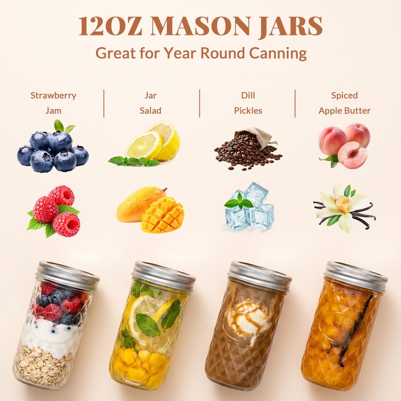 12oz Mason Jars, 6 Pack Regular Mouth Glass Jars With