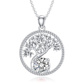 LONAGO Birthstone Tree of Life Necklace Silver Tree Pendant Necklace Gift for Women (April - Cubic Zirconia)