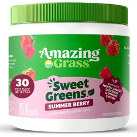 Amazing Grass Sweet Greens and Superfoods Powder for Digestive Health, Greens Powder, Digestive Enzymes, Probiotics, Spirulina, Chlorella, Summer Berry, 30 Servings