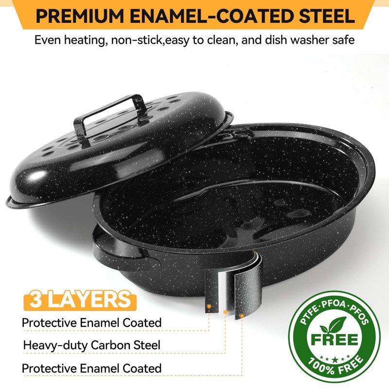 15.4” Turkey Roasting Pan With Rack and Lid, Enamel Carbon