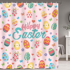 MERCHR Easter Shower Curtain Easter Eggs Daisy Flower Spring Shower Curtains for Bathroom Pink Bathroom Curtains Spring Easter Decoration Set with Hooks Washable Fabric 71" x 71"