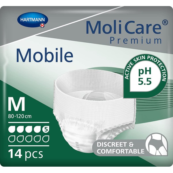 MoliCare Premium Mobile Disposable Briefs: Discreet Use for Incontinence for Women and Men, 5 Drops, Size M (80–120 cm Hip Circumference), 14 Pieces