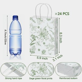 Gueevin 24 Pcs Sage Green Floral Gift Bags Bulk Flower Party Small Paper Bags with Handles Decorative Packaging Goodie Candy Treat Pouches for Wedding Birthday Tea Party, 5.9 x 8.3 x 3.1 Inch