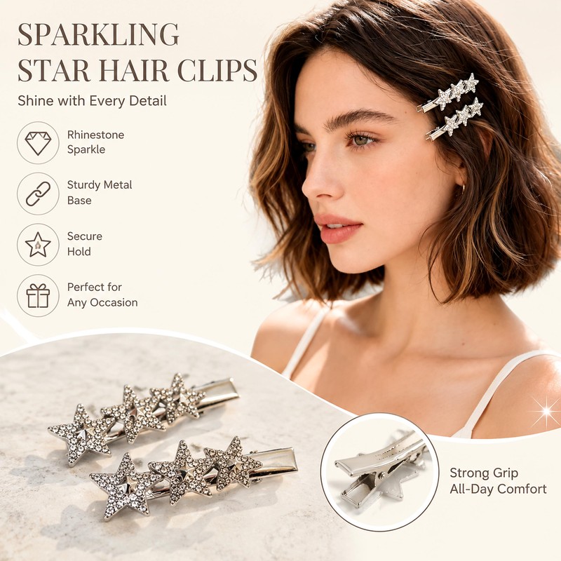 2Pcs Rhinestone Star Hair Clips Silver Accessories Y2K Barrettes