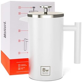 French Press with Thermometer - Insulated Coffee French Press - Stainless Steel Coffee Maker (1.0L | 34 fl oz) (White)