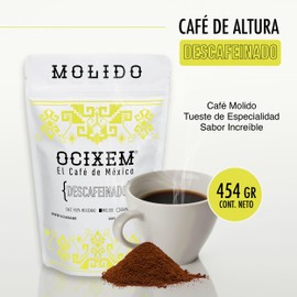 Café Molido Descafeinado OCIXEM 454g | Notas de Cacao y Caramelo | 100% Arábiga Tostado Medio Oscuro | Proceso Swiss Water Libre de Químicos | Certificación Kosher | Ideal para Cafeteras