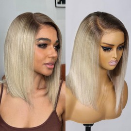 Orijodie 180% Density Ombre Ash Blonde Bob Wig Human Hair 13x4 HD Invisible Front Wigs for Women Grey Ash Blonde Glueless Straight Bob Wig with Dark Roots Bleached Knots 14 Inch