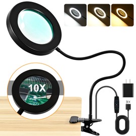 MACASA 10X Magnifying Glass with Light and Timer, 2 in 1 Magnifying Desk Lamp, Flexible Gooseneck Magnifier with Light for Craft Hobby Painting Sewing Close Work