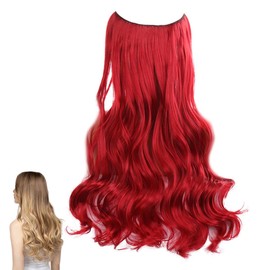 Traziewell Long Hair Extensions Invisible Hidden Wire Fish Line Secret Natural Hairpieces Curly Wavy Synthetic Heat Resistent Fibre Hair Extension Red for Women, 1025