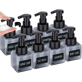 Segbeauty Refillable Foaming Hand Soap Dispenser 8.5oz 8pcs, Square Foam Bottle Container with Waterproof Stickers, Plastic Foam Pump Bottle Gray 250ml, Foaming Bathroom Countertop Soap Dispensers