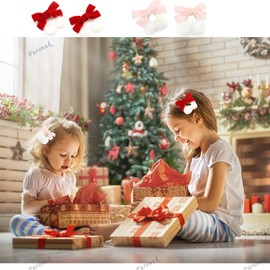 4 Pieces Christmas Red Pink Bow Hair Clips Baby Girls Hair Accessories Chinese Style Hairy Furry Balls Velvet Bows Tassels Hair Clips Hair Bows Alligator Clips for Girls Infants Toddlers